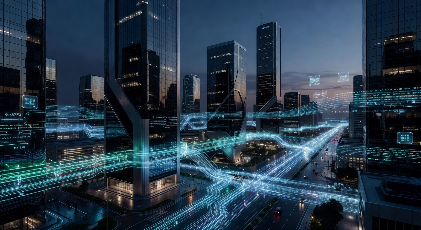 Futuristic smart city at dusk with glowing cyan and blue data pathways representing IoT connectivity